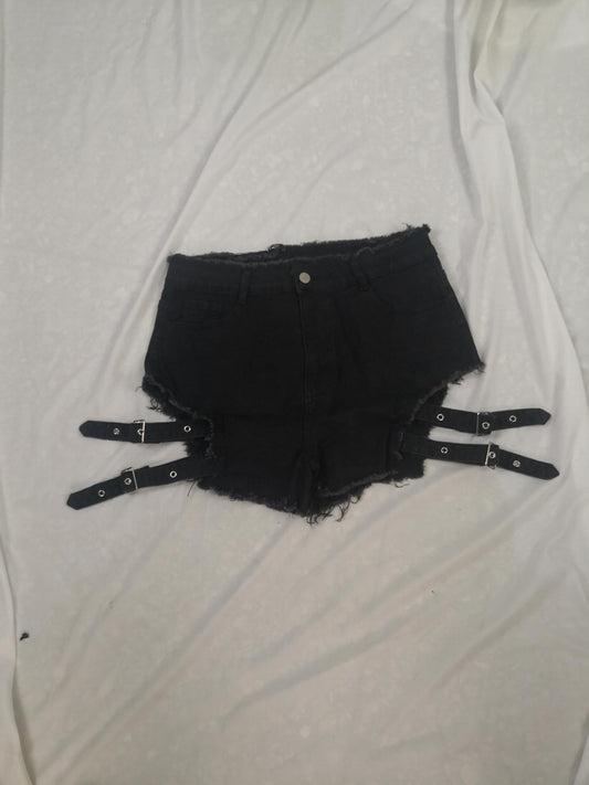  Punk Denim Shorts Halloween Eyelash Trim Cut Out Button Up