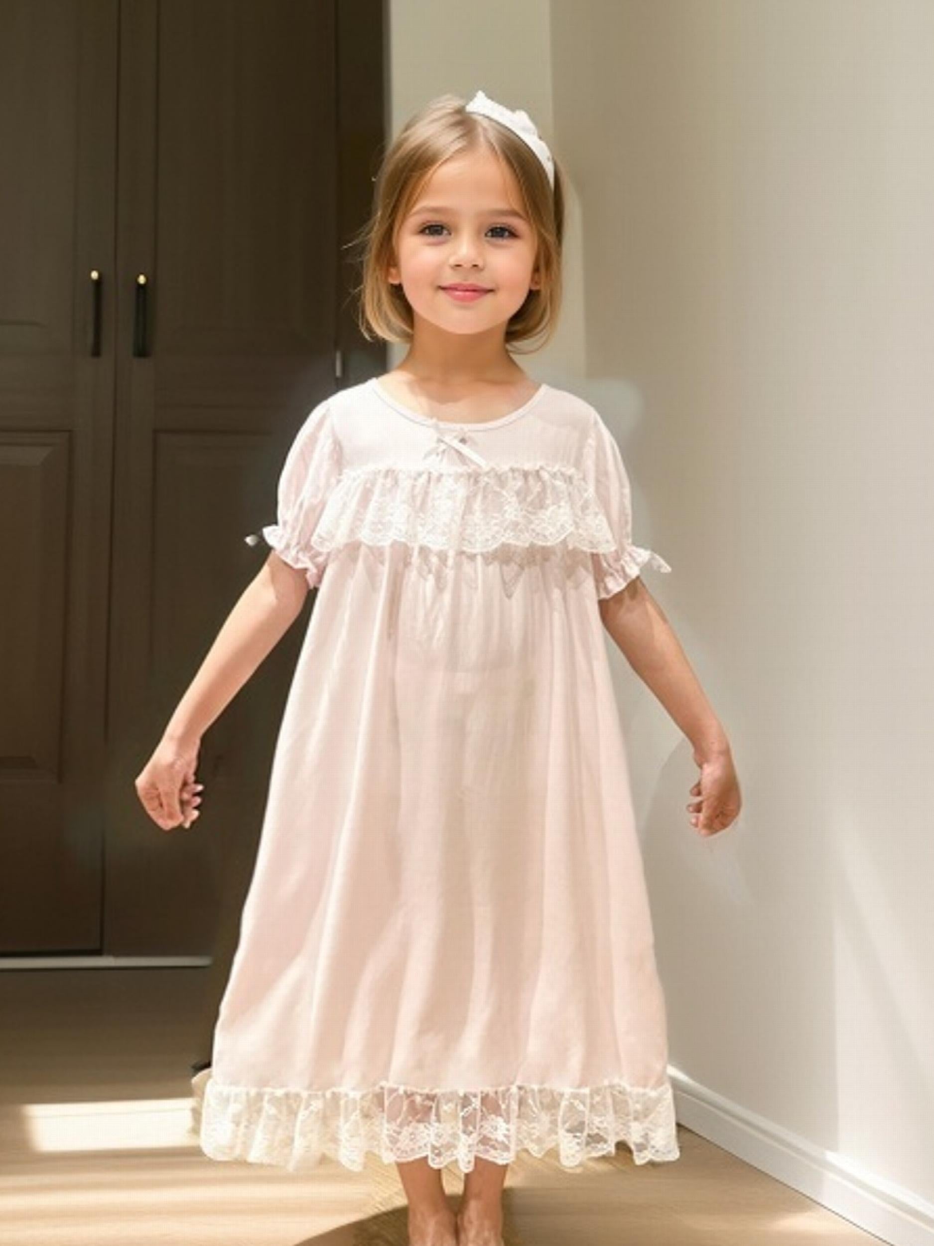 Girl's Puff Sleeve Nightgown Lace Bowknot PJ