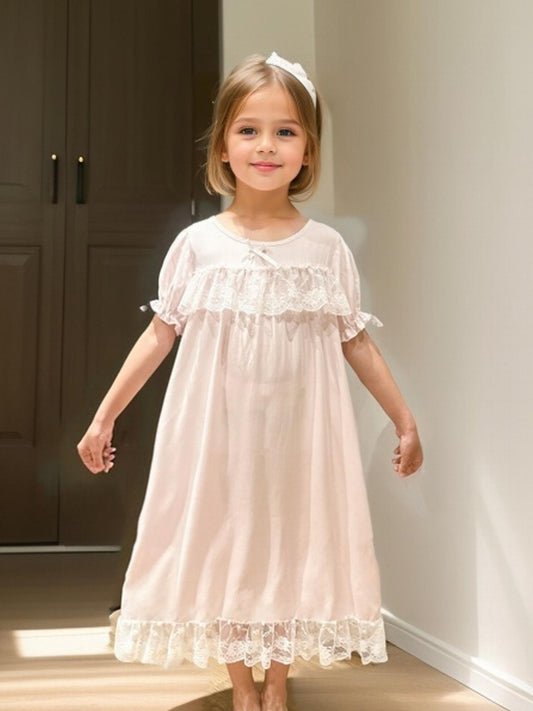 Girl's Puff Sleeve Nightgown Lace Bowknot PJ
