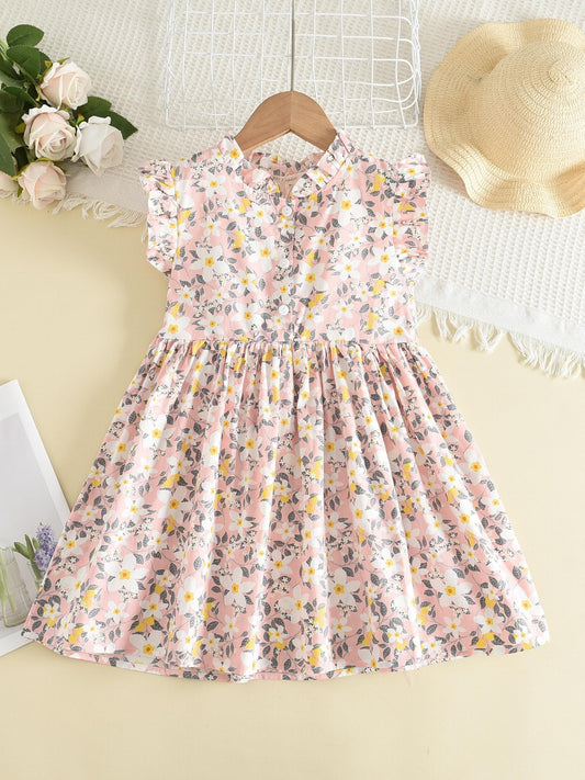 Girls Ruffled Sleeves Frill Trim Dress For Party