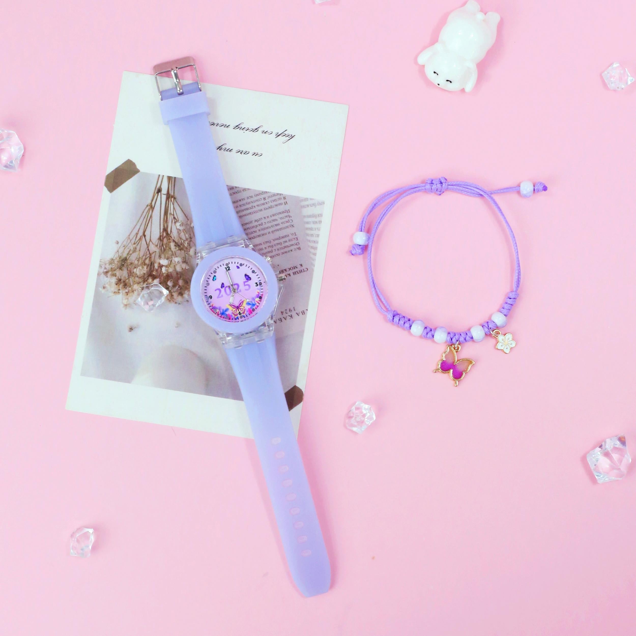 Girls' Pink Quartz Watch & Bracelet Set with Silicone Strap