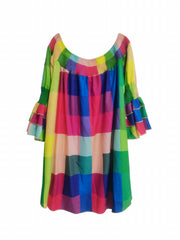  Colorblock Grid Print Shirred Off Shoulder Dress