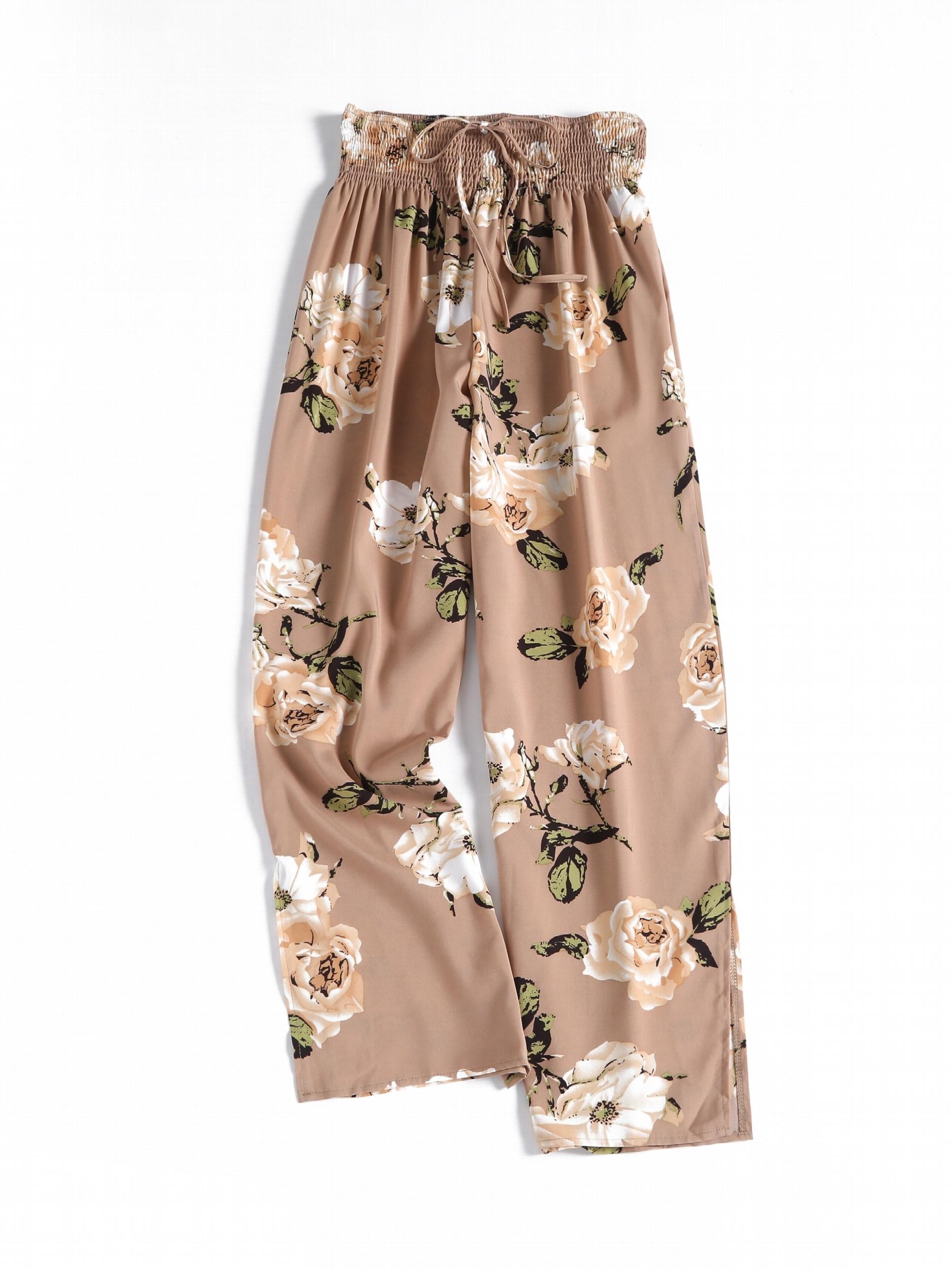  Pants Women's Plus Floral Print Tie Waist Trousers