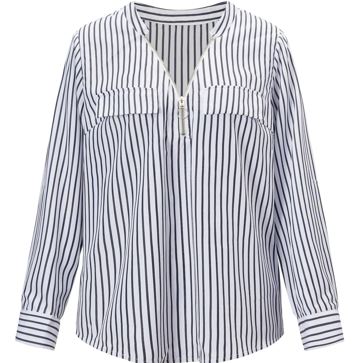  Stripe Print Half Zipper Long Sleeve V Neck Top