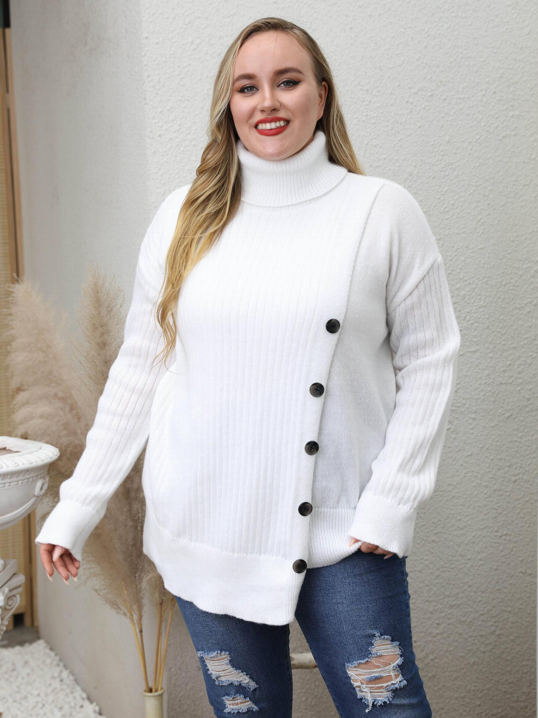  High Neck Casual Sweater Solid Cable Button Long Sleeve