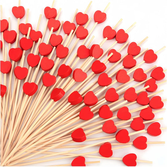 100 Red Heart Cocktail Picks Bamboo Skewers for Wedding Party Food Fruit Drinks