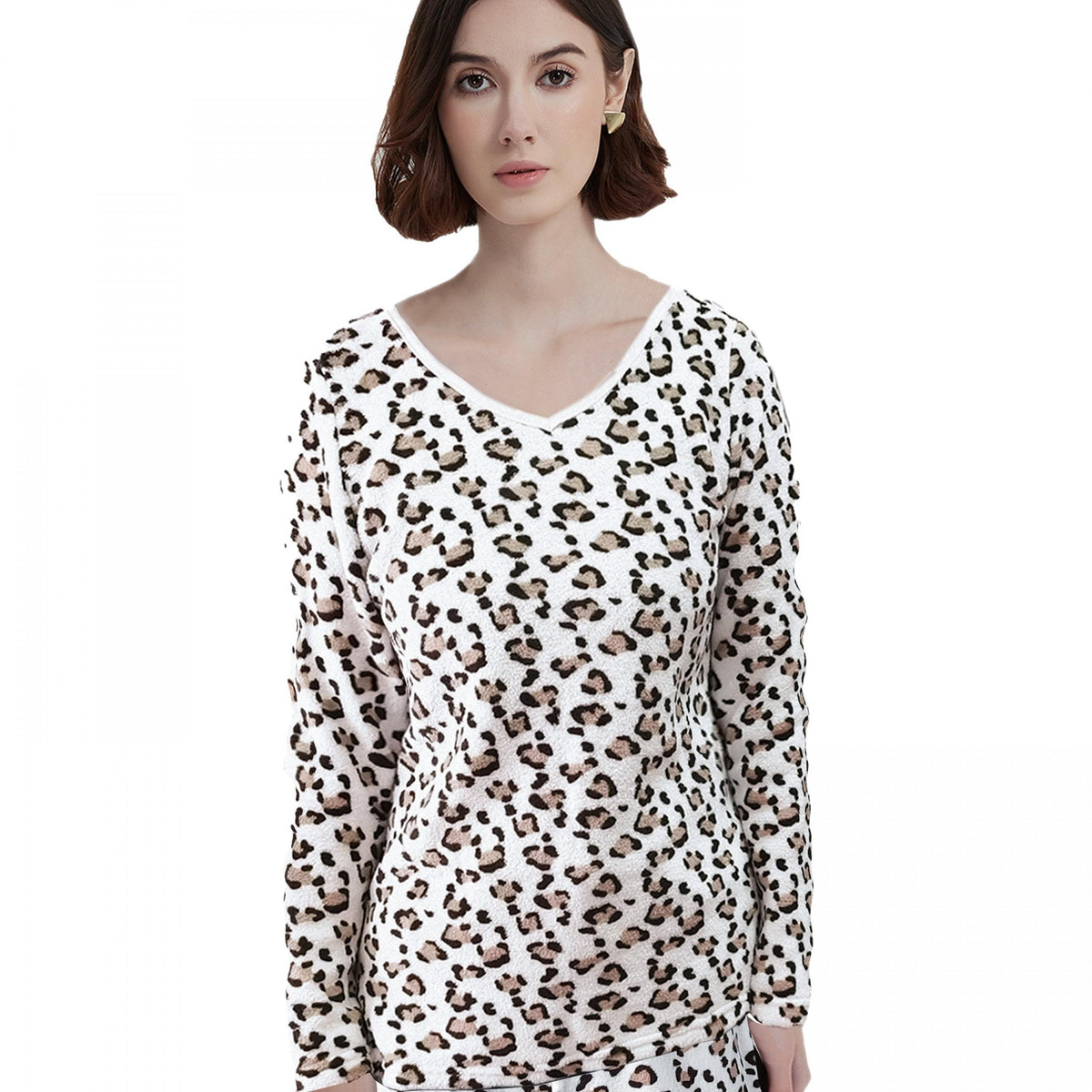 Leopard Print Lounge Top Cozy V Neck Flannel Women's Loungewear