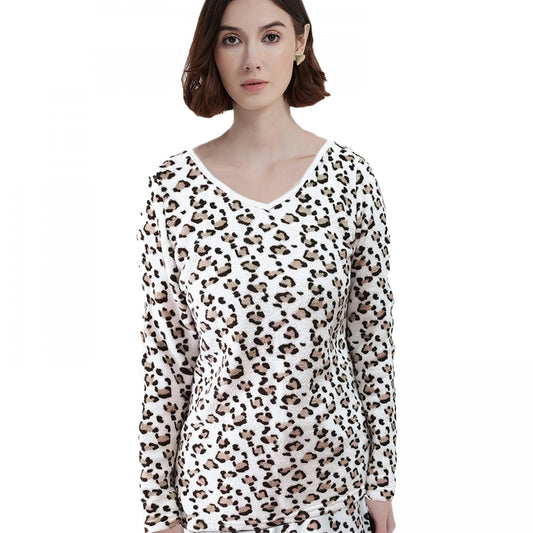 Leopard Print Lounge Top Cozy V Neck Flannel Women's Loungewear