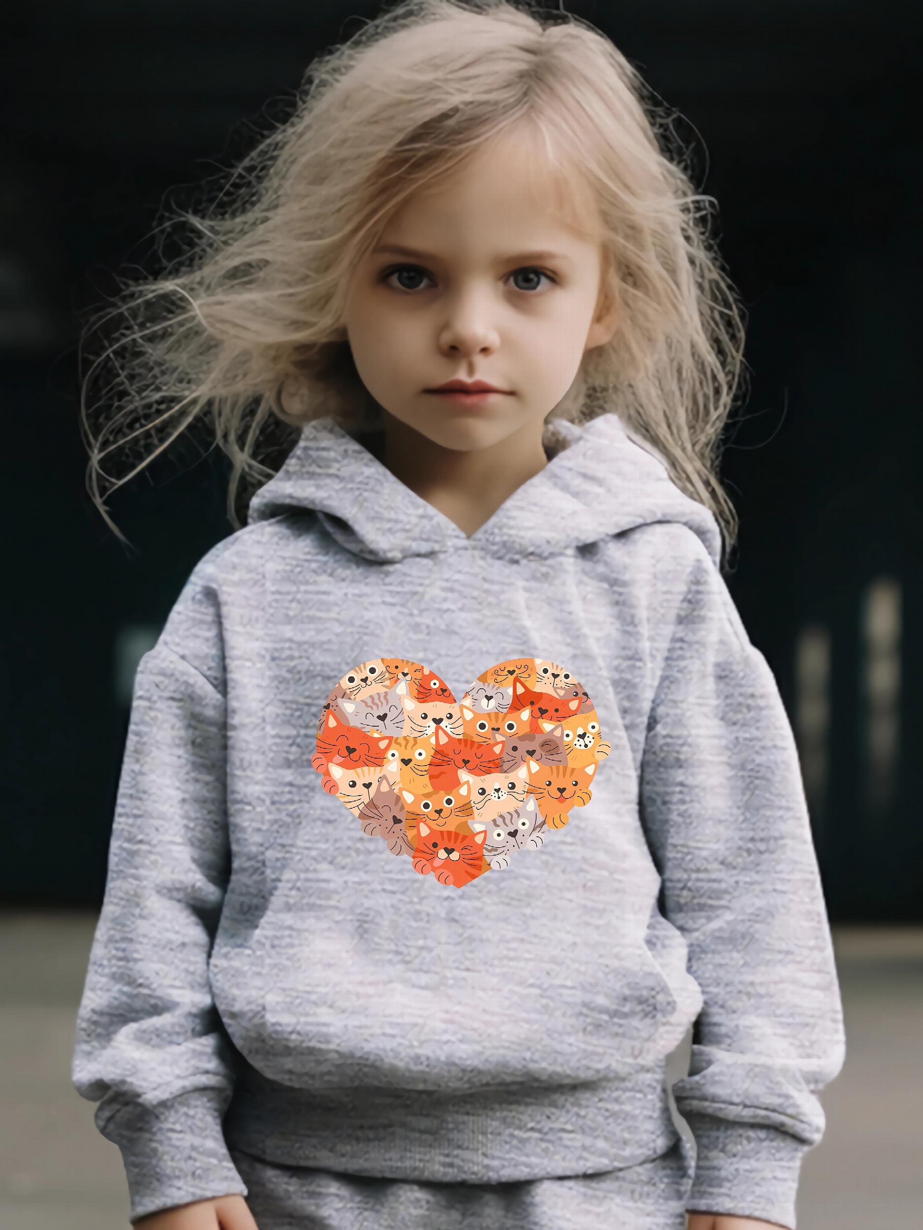 Cartoon Kitten Heart Print Long Sleeve Hoodie & Pants Set