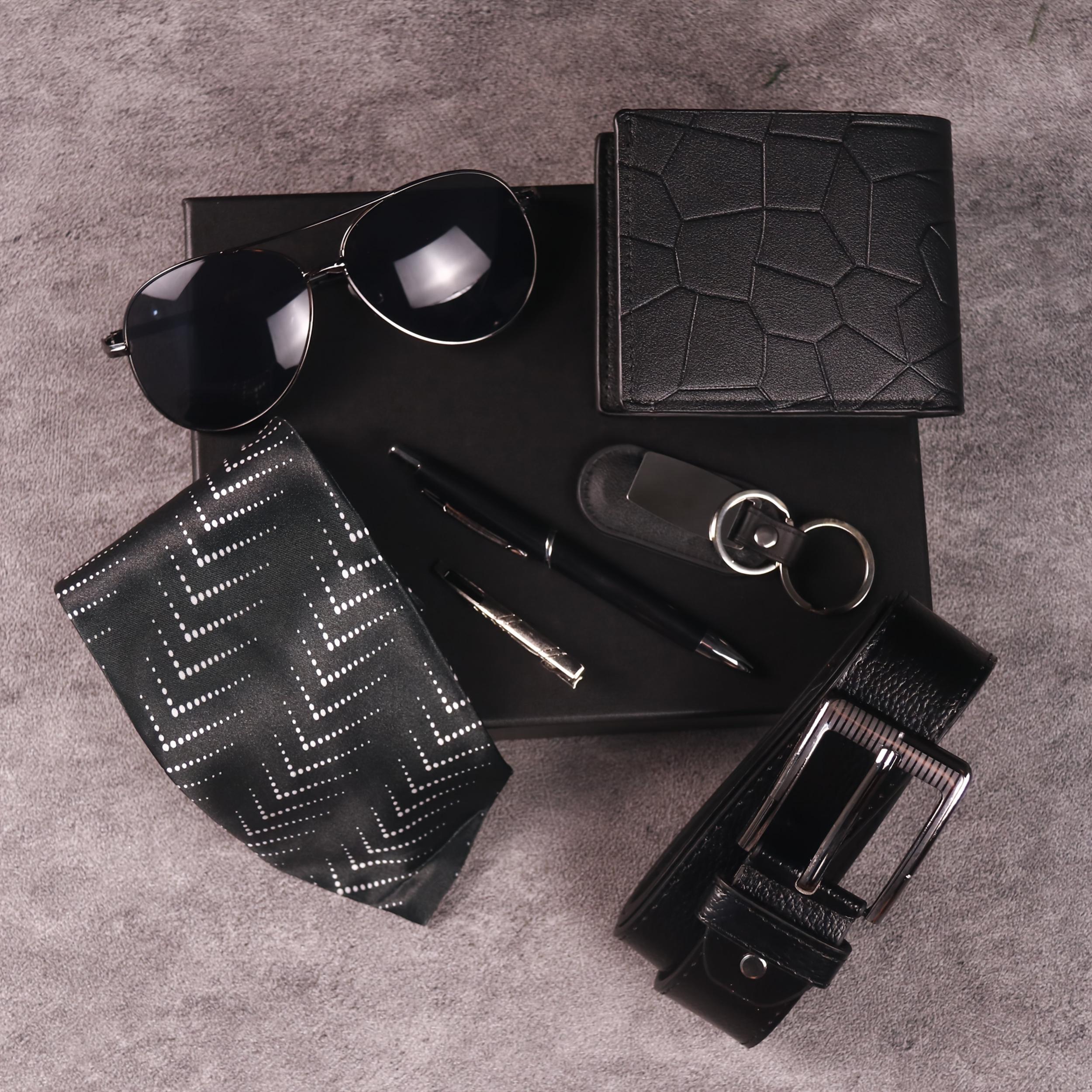 7pcs Men's Gift Set with Box Glasses Wallet Tie Tie Clip Belt