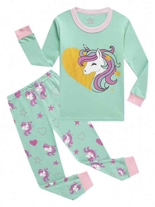 2 Pcs Girls' Unicorn Cotton Pajamas Set Crew Neck Long Sleeve T Shirt & Pants