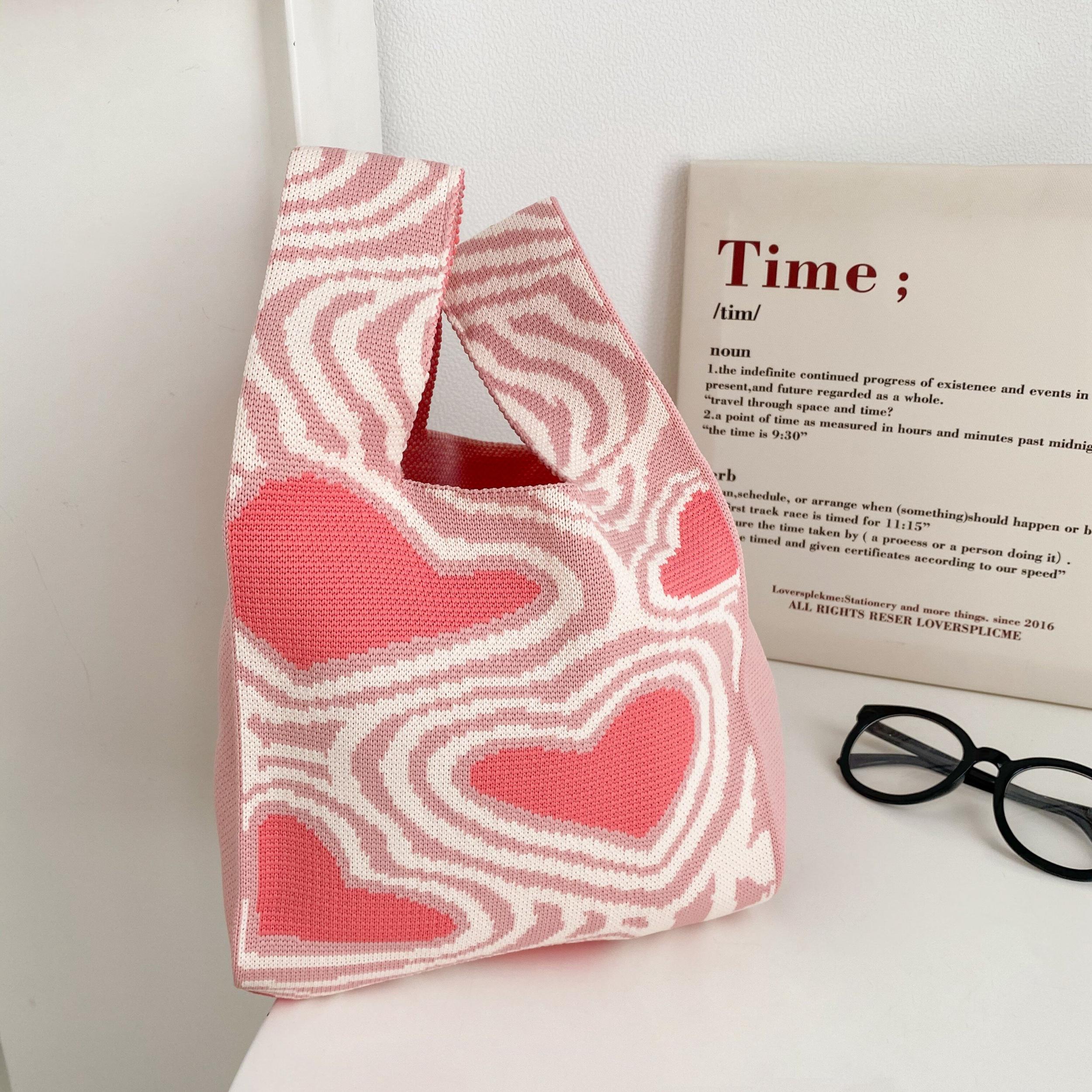 Heart Pattern Crochet Bag Colorblock Handbag for Women