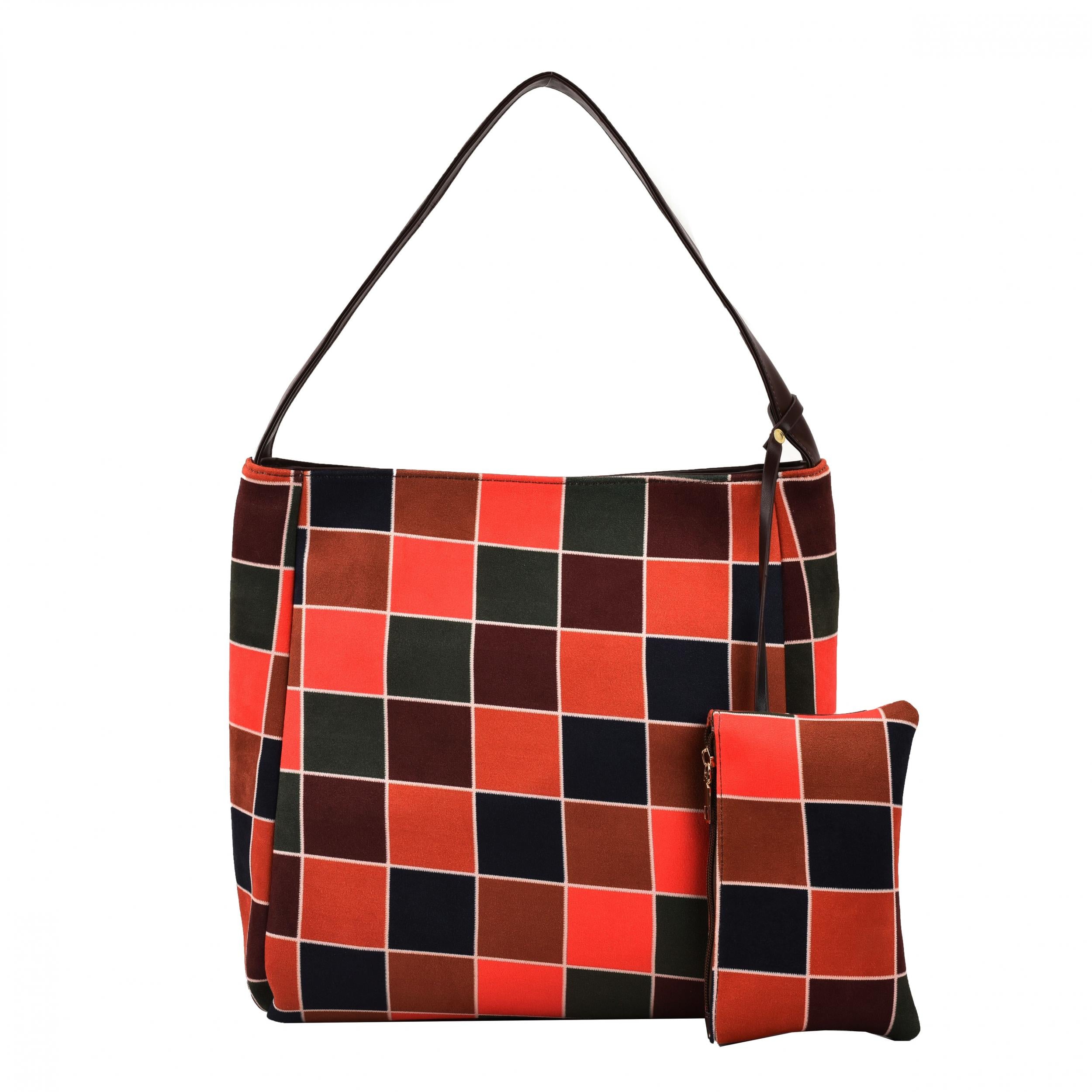 Japanese Style Plaid Tote Bag with Small Pouch