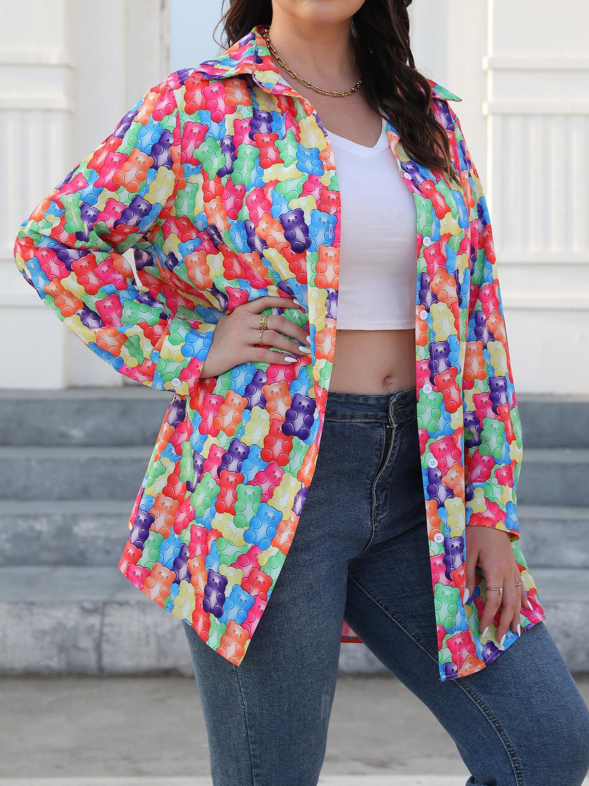  Casual Bear Print Button Up Long Sleeve Blouse