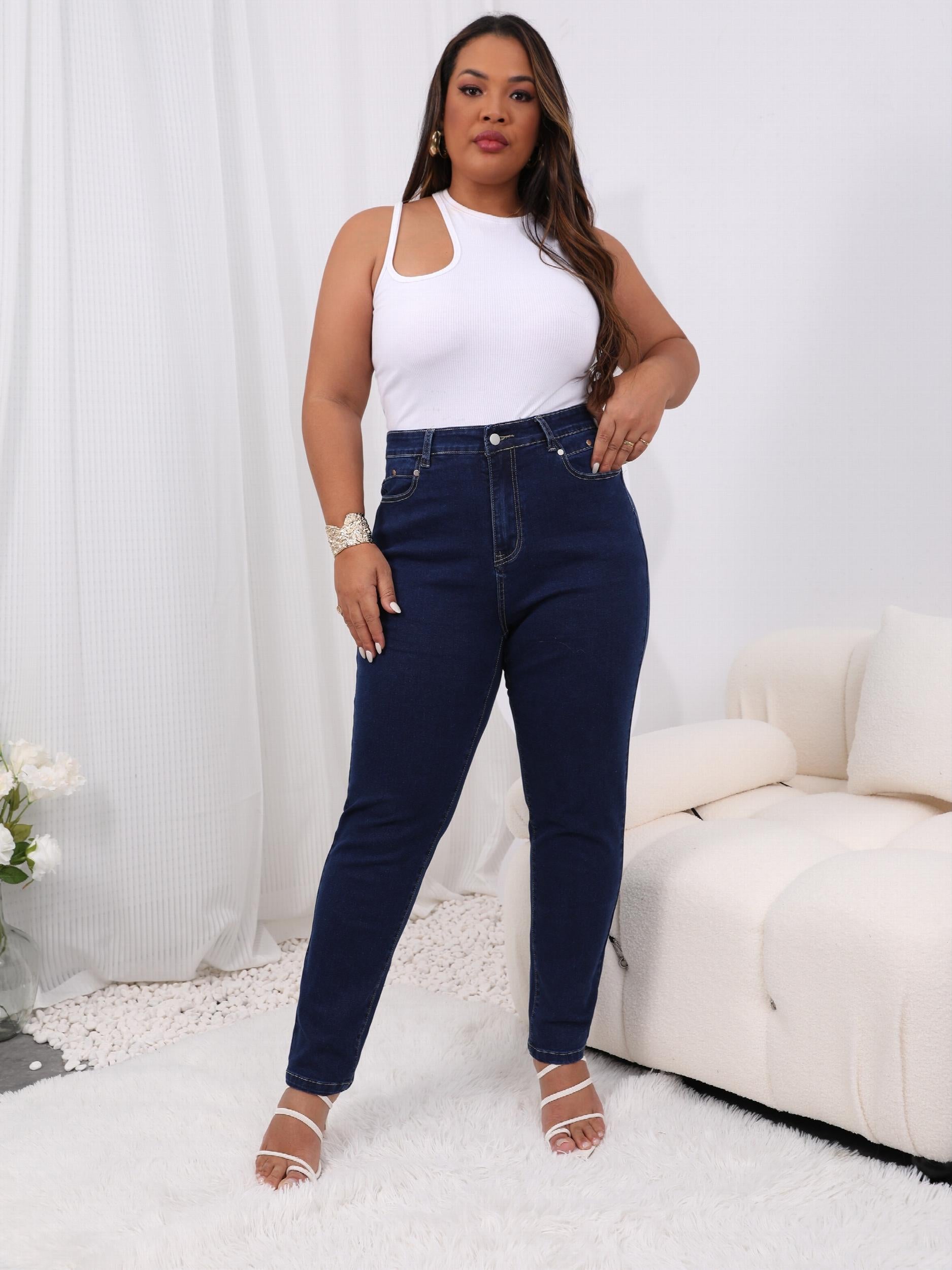 Plus Solid Button Fly High Rise High Stretch Jeans