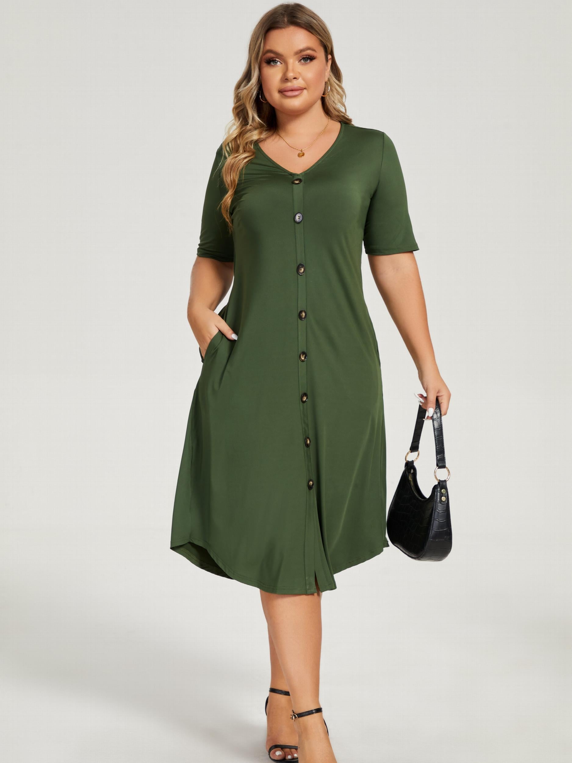  Button Up V Neck Maxi Dress With Pockets