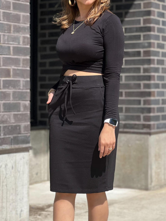 Stretchy Drawstring Pencil Skirt with Pockets - High Waist