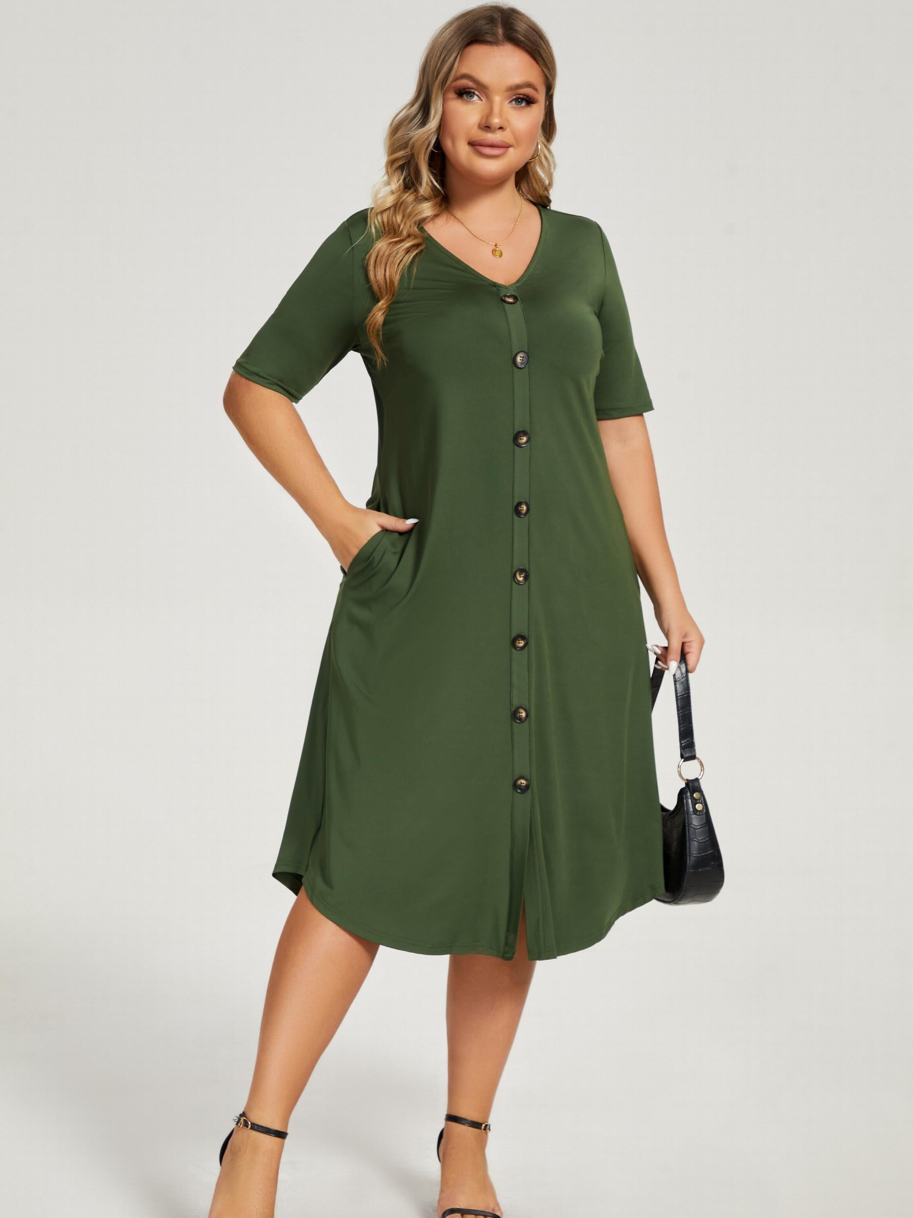  Button Up V Neck Maxi Dress With Pockets