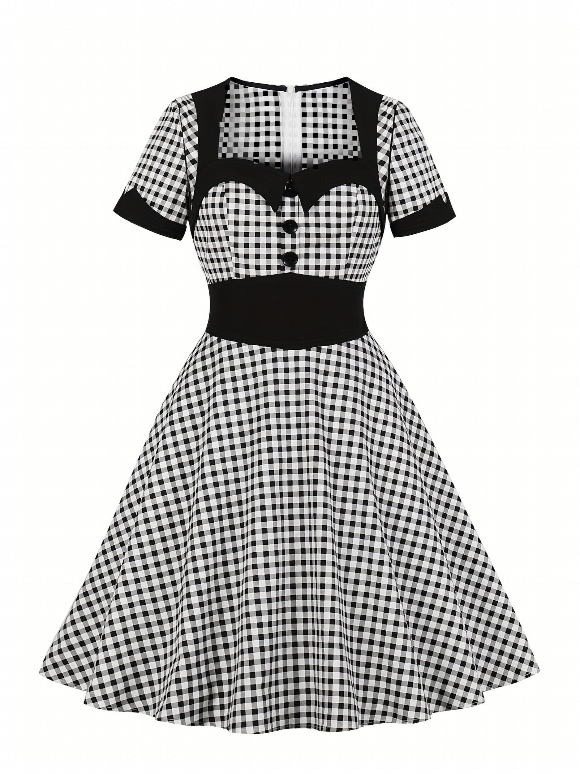  Colorblock Gingham Print Sweetheart Neck A-line Dress