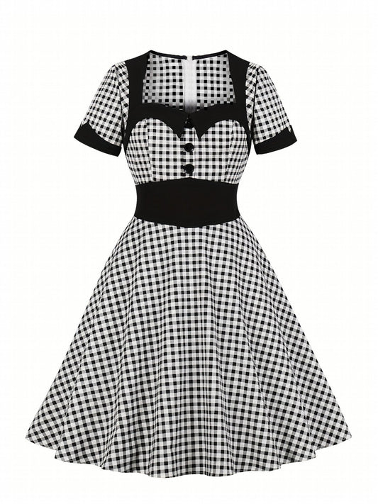  Colorblock Gingham Print Sweetheart Neck A-line Dress