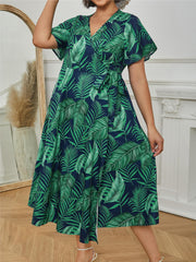  Tropical Print Flutter Sleeve Surplice Neck Dress