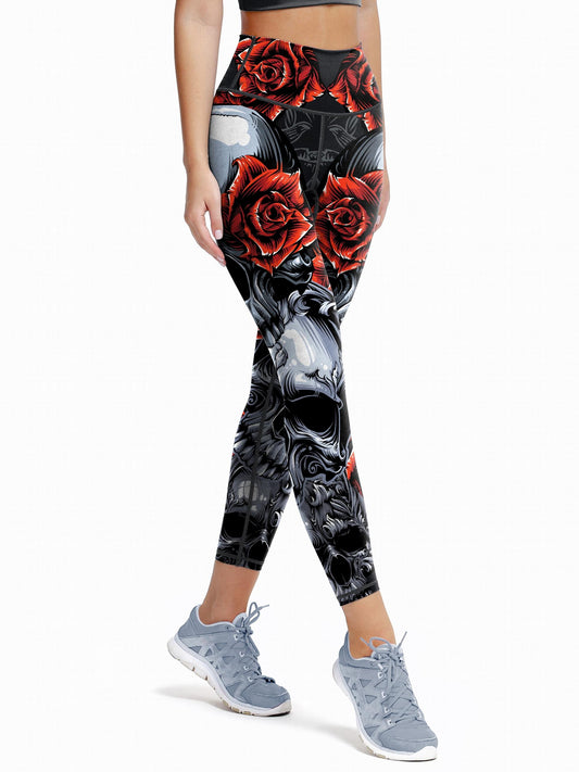 Floral & Skull Print Yoga Pants High Stretch Leggings Halloween Activewear