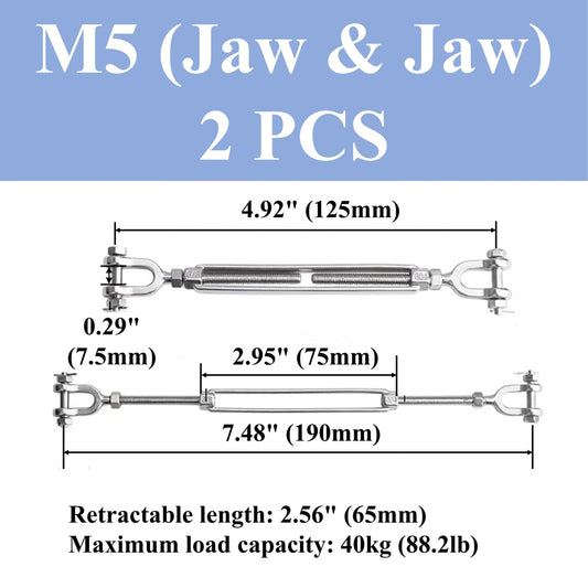 2pcs M5 M12 Jaw Jaw Turnbuckle 304 Stainless Steel Heavy Duty Wire Rope Tens