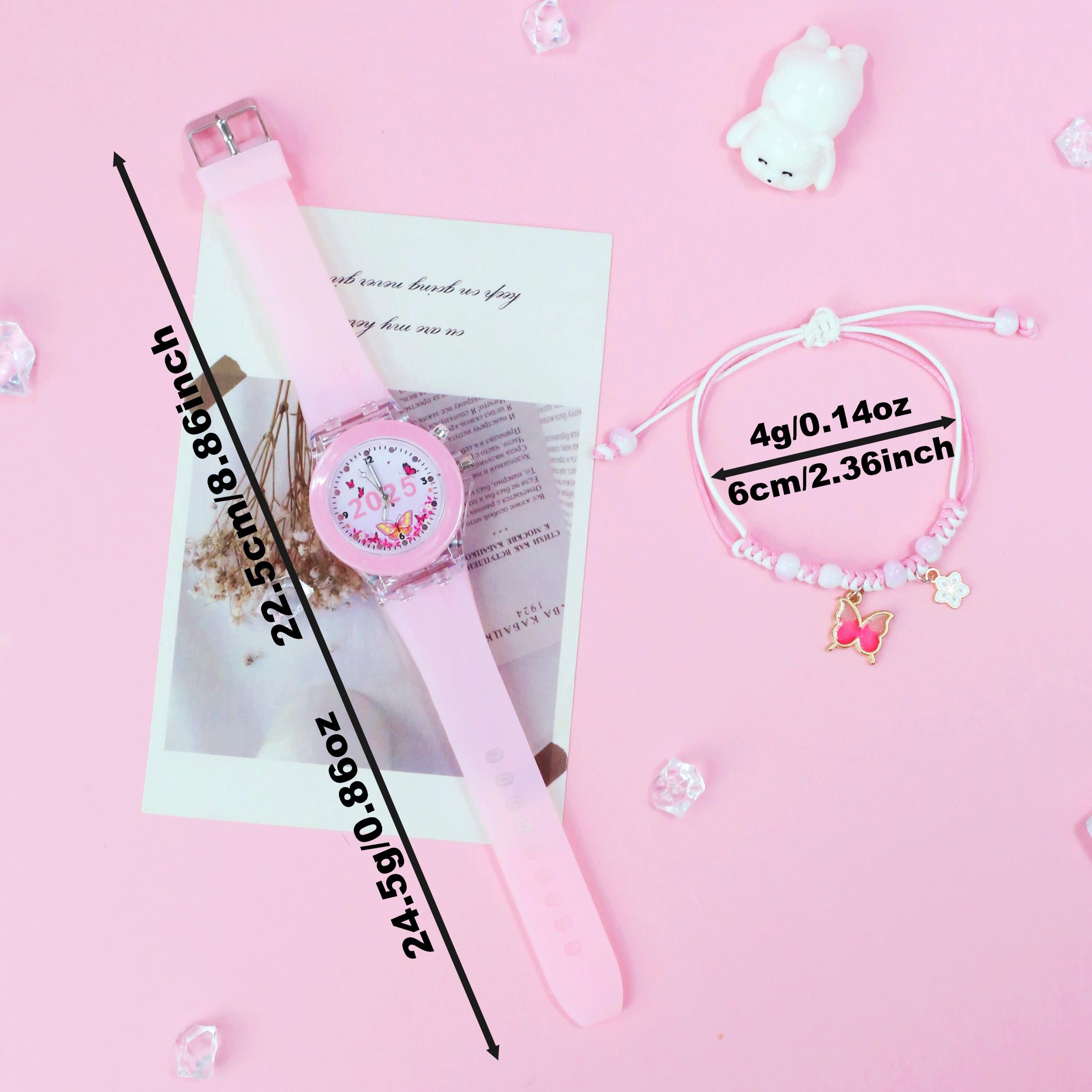 Girls' Pink Quartz Watch & Bracelet Set with Silicone Strap