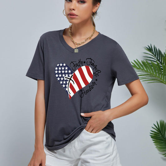 Love Heart Print Short Sleeve T shirt With American Flag Element