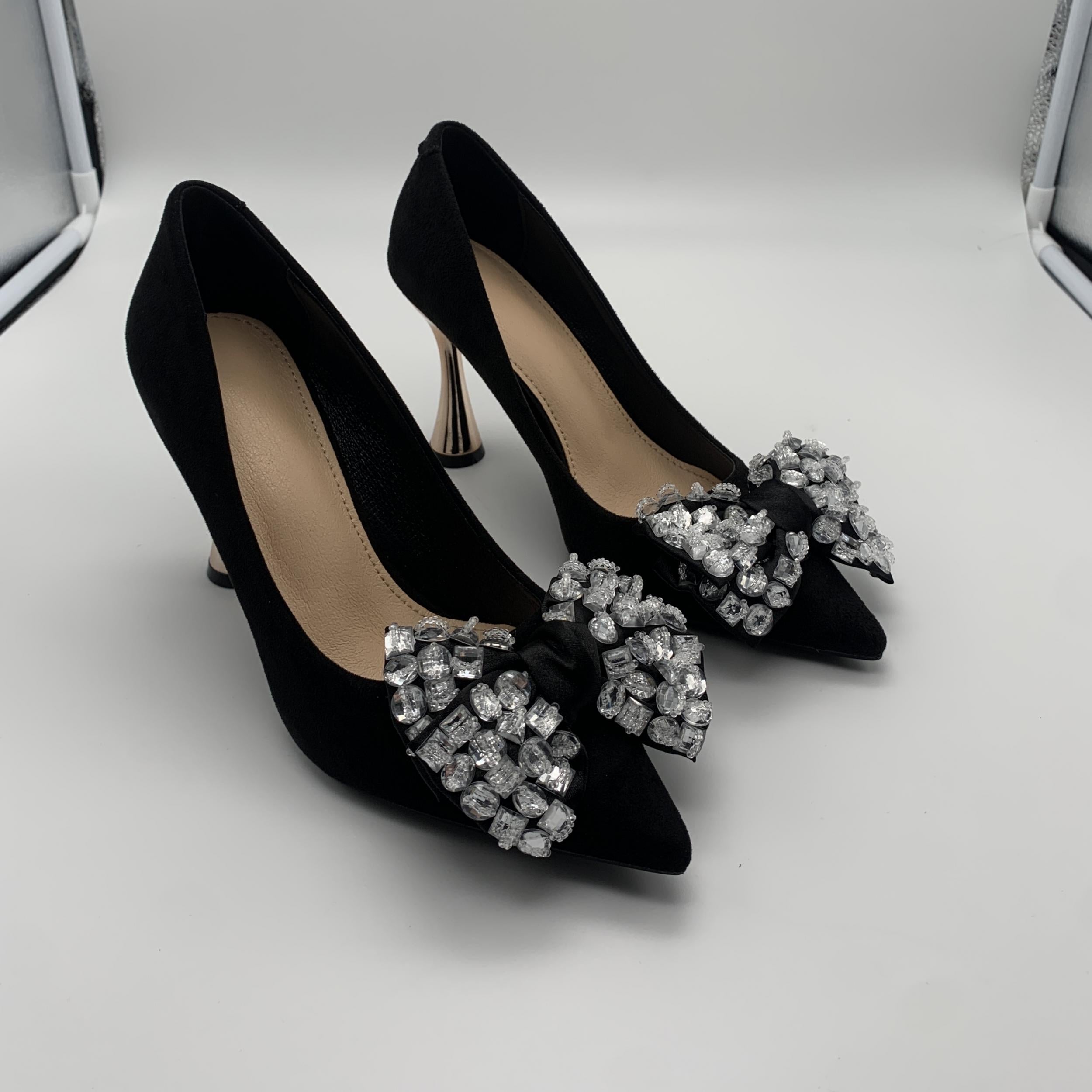 Rhinestone Bow High Heel Pointy Pumps Slip On Dress Shoes