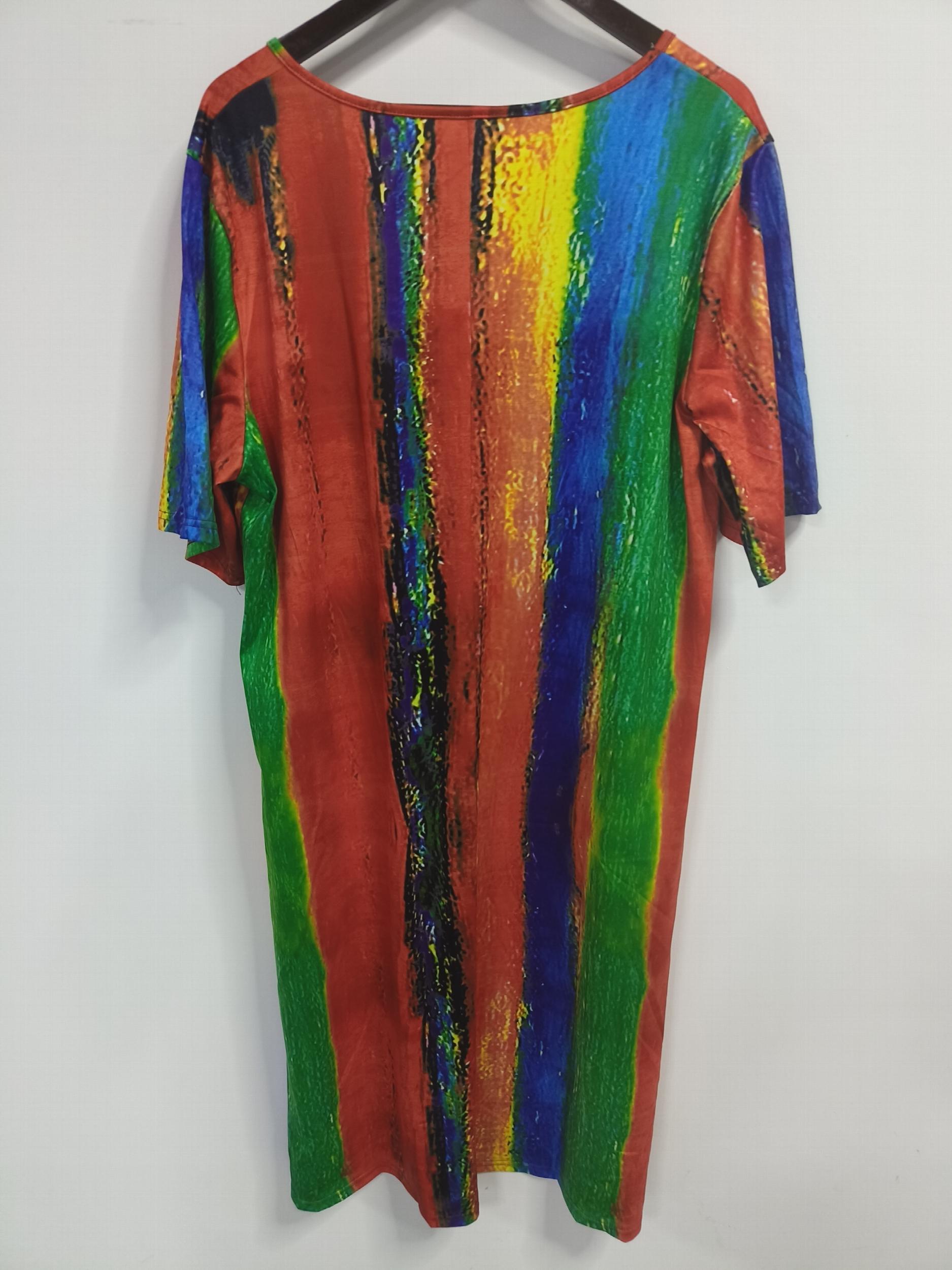  Colorblock Stripe Print Short Sleeve Casual Dress With Pockets