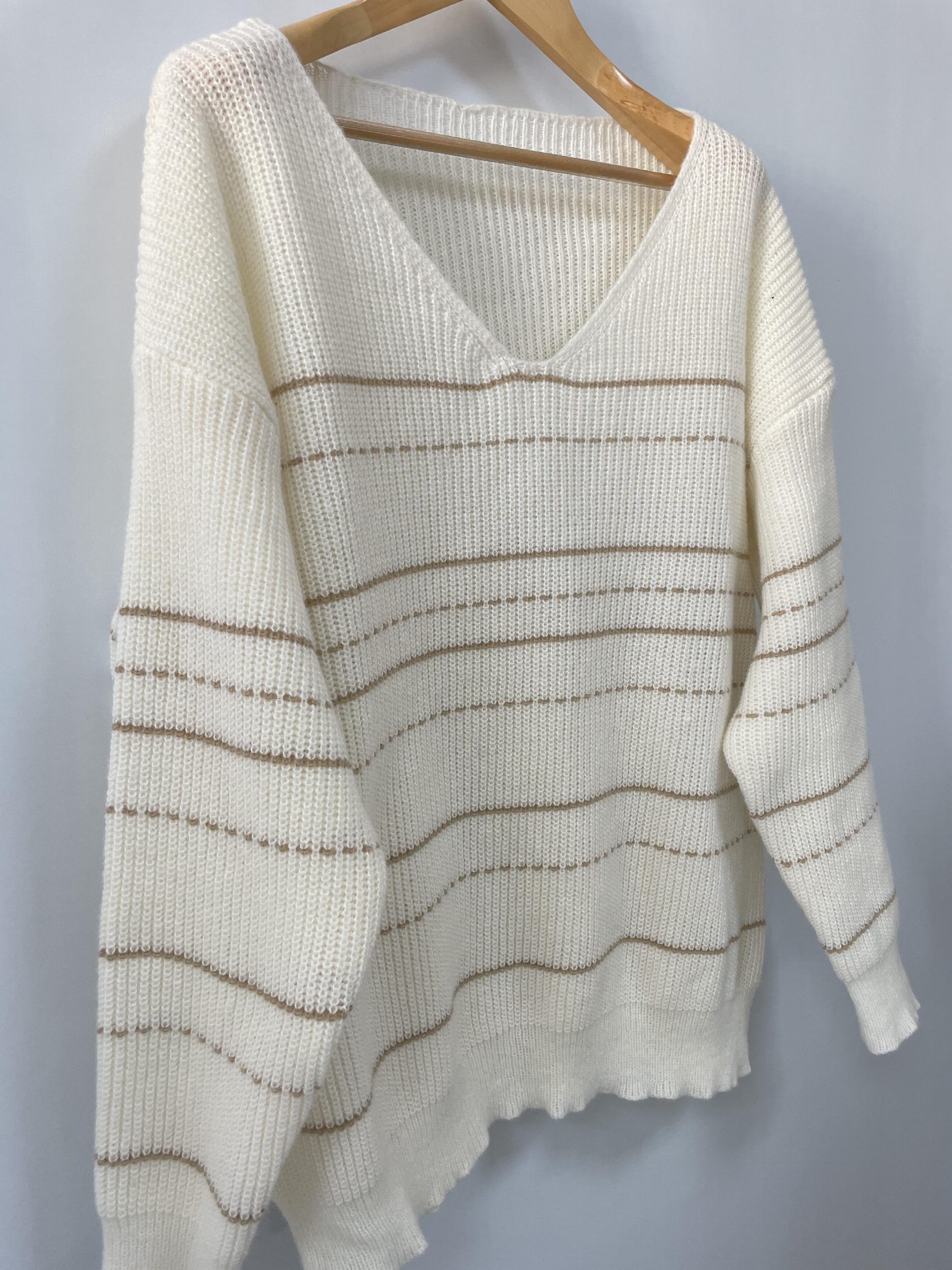  Casual Stripe Print V Neck Sweater
