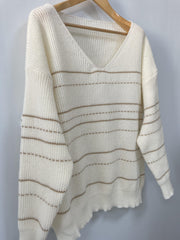  Casual Stripe Print V Neck Sweater