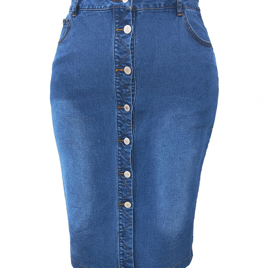 Plus Size Washed Button Up Medium Stretch Slim Fit Denim Skirt