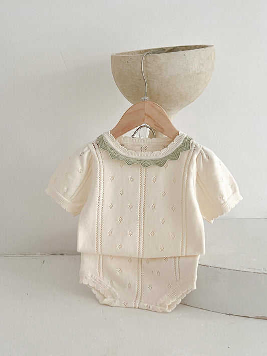 2pcs Baby Girls Hollow Out Knit Top & Shorts Set
