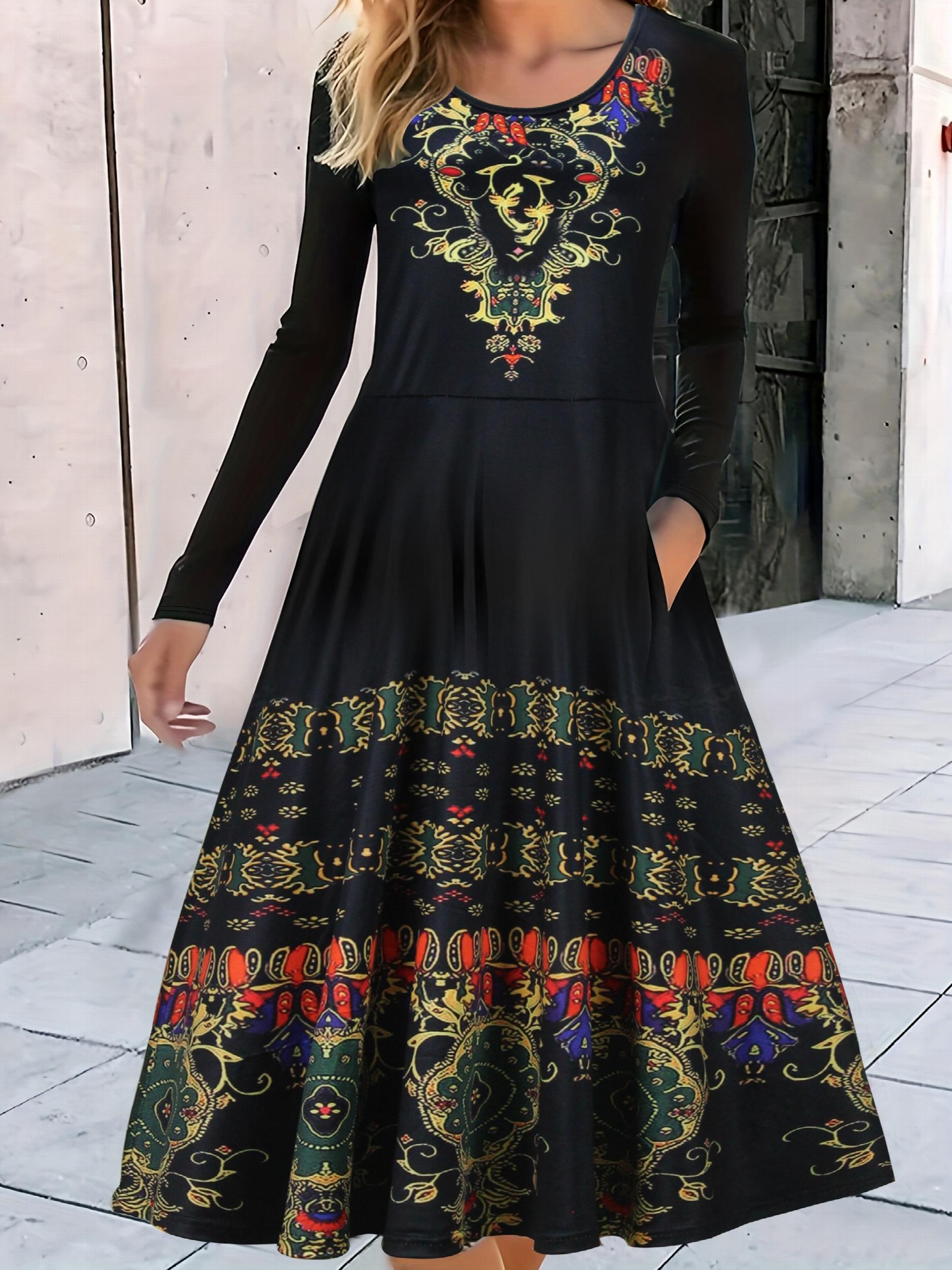  Boho Dress Women's Plus Floral Print Long Sleeve Round Neck Dress