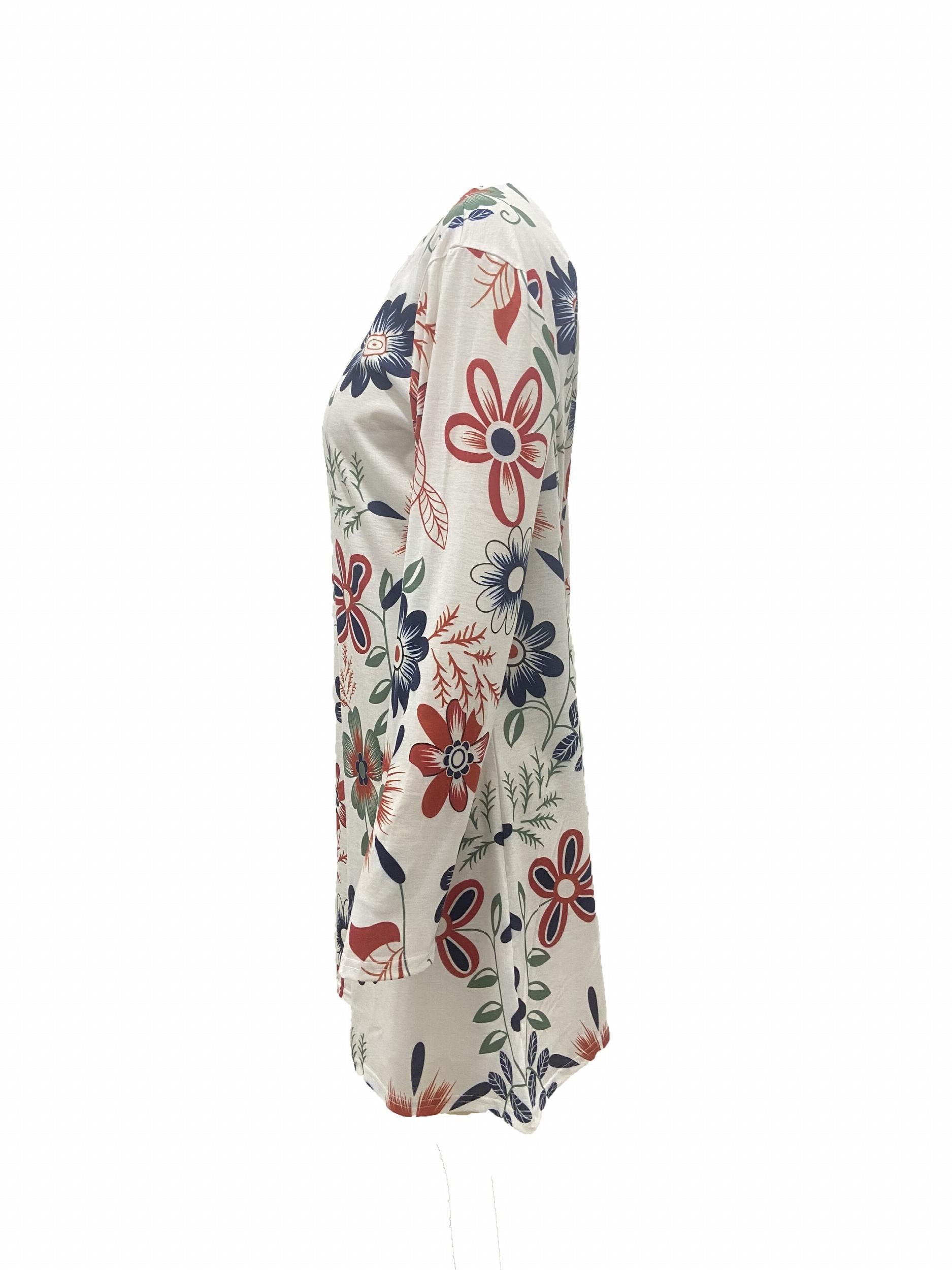  Floral Print Long Sleeve Round Neck Stretch Dress