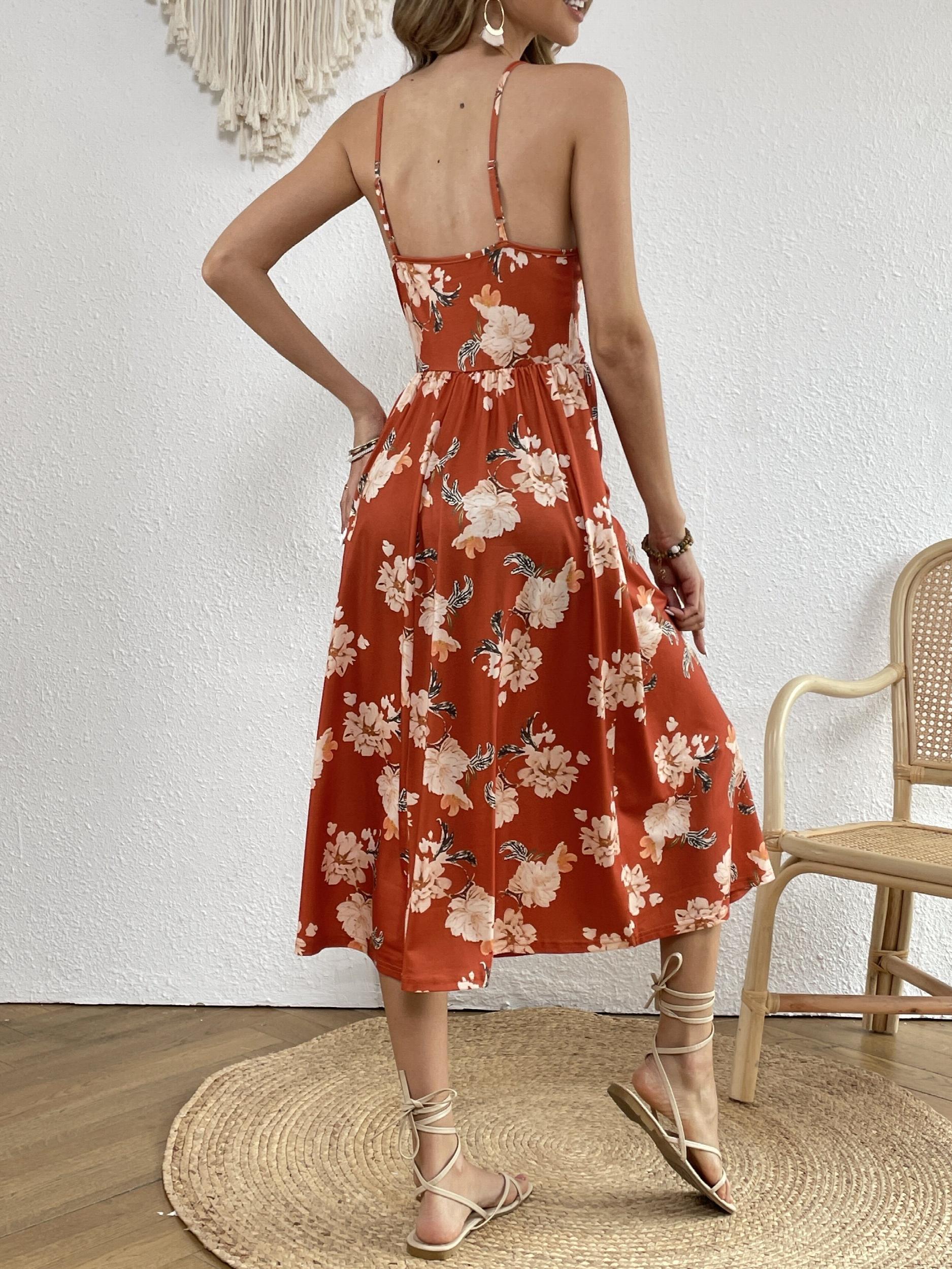 Floral Print Cami Dress Solid Crew Neck Midi Loose Casual Dress