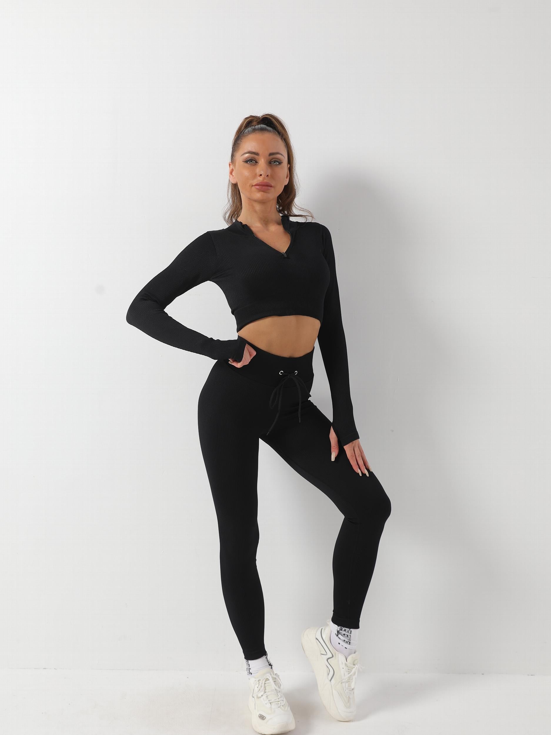 Yoga Workout Set Long Sleeve Crop Top & Leggings
