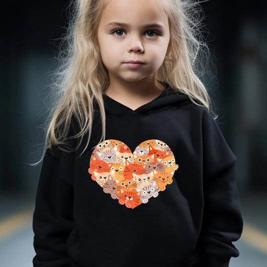 Cartoon Kitten Heart Print Long Sleeve Hoodie & Pants Set