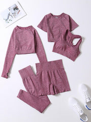 5pcs Workout Sets Crew Neck Sports Bra High Waist Shorts Leggings