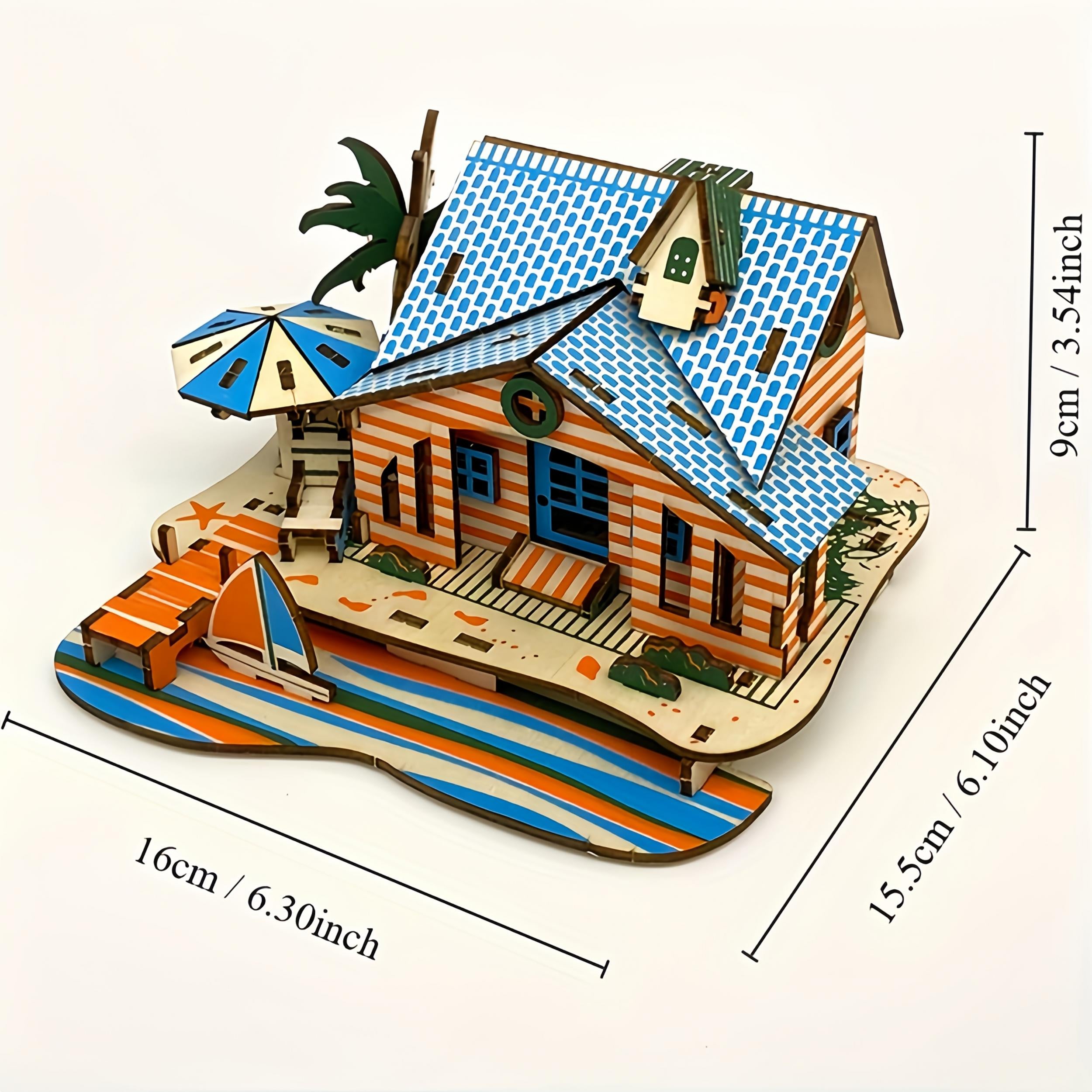 3D Wooden Beach House Puzzle DIY Toy Orange & Striped Theme
