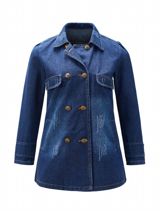 Double Breasted Distressed Denim Jacket Women's Long Sleeve Coat