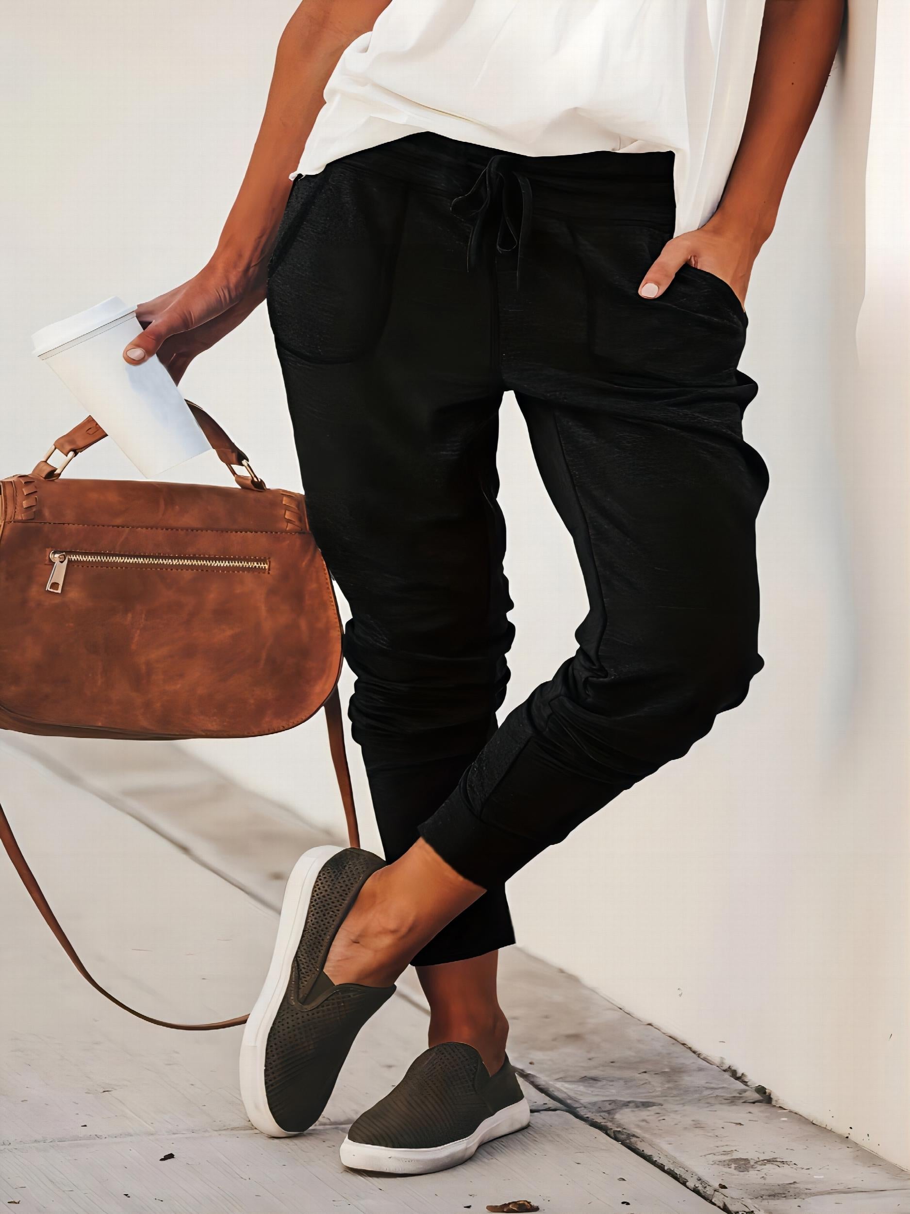  Solid Stitching Elastic Drawstring High Rise Trousers