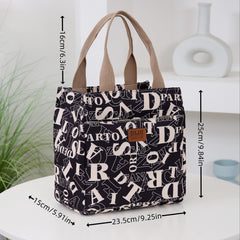 Retro Commuter Tote Handbag Sturdy Nylon Zipper Closure Fabric Lining Printed