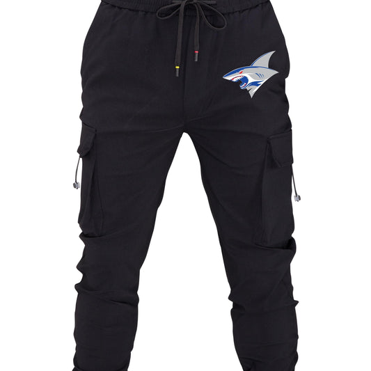 Mens Cartoon Shark Print Cargo Pants Loose Fit Drawstring Joggers