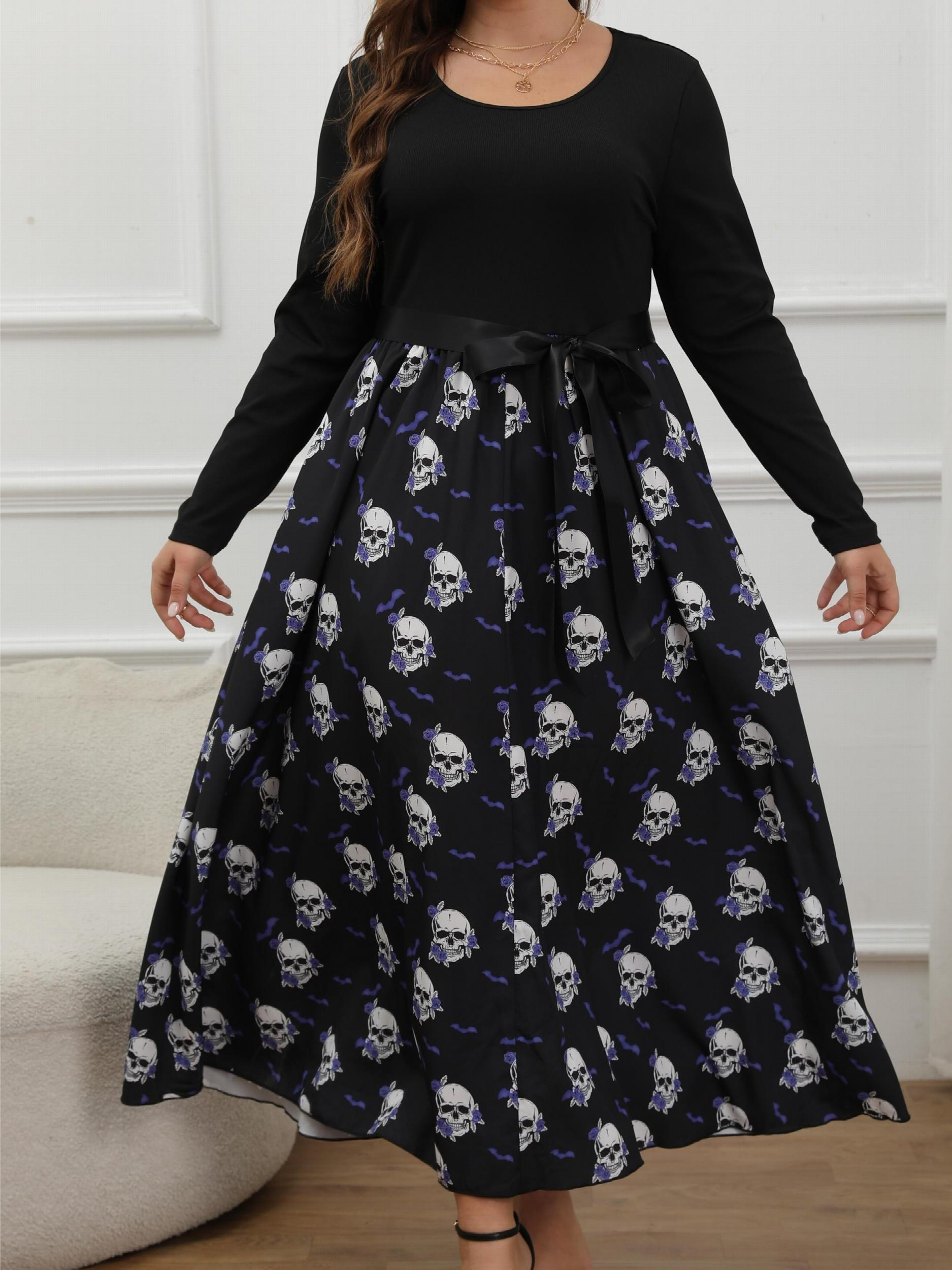  Skull & Bat Print Long Sleeve Maxi Dress