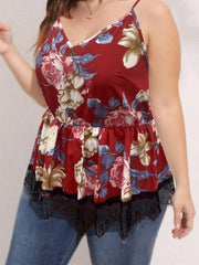  Women's Floral Print Lace Trim V Neck Pleated Cami Top