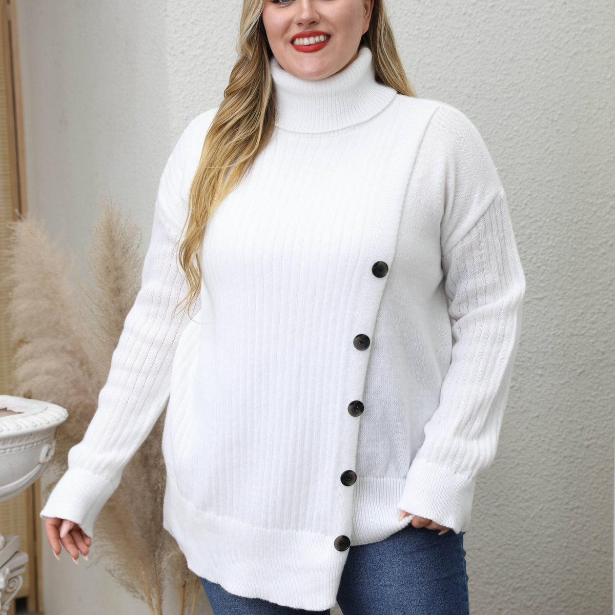  High Neck Casual Sweater Solid Cable Button Long Sleeve