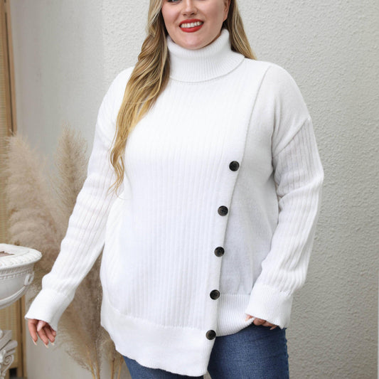  High Neck Casual Sweater Solid Cable Button Long Sleeve